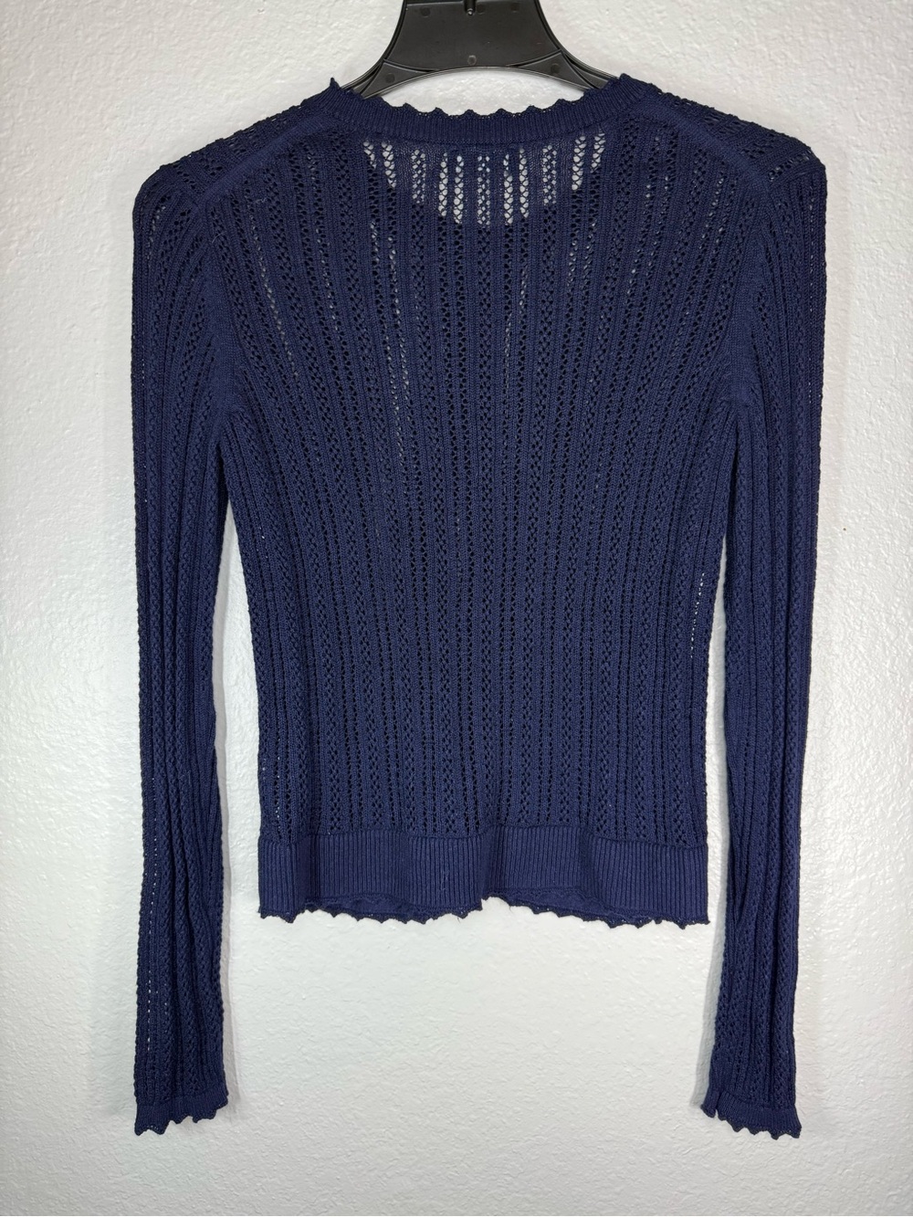 GAP Cardigan Women XS Navy Blue Linen Blend Pointelle Knit Button Front - Picture 3 of 5